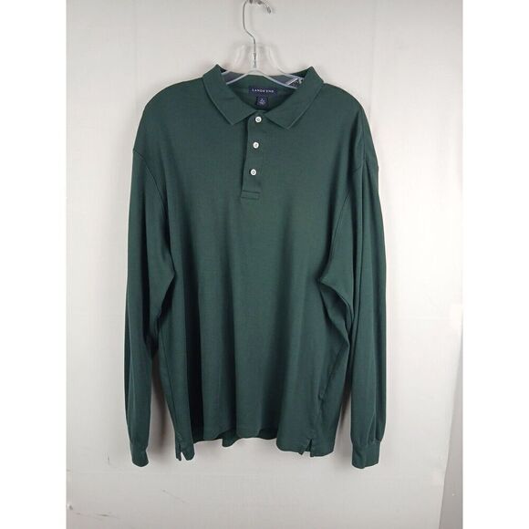 Lands End Polo Shirt Mens Green Size XL Regular Long Sleeve Button Collared Golf - Picture 1 of 15